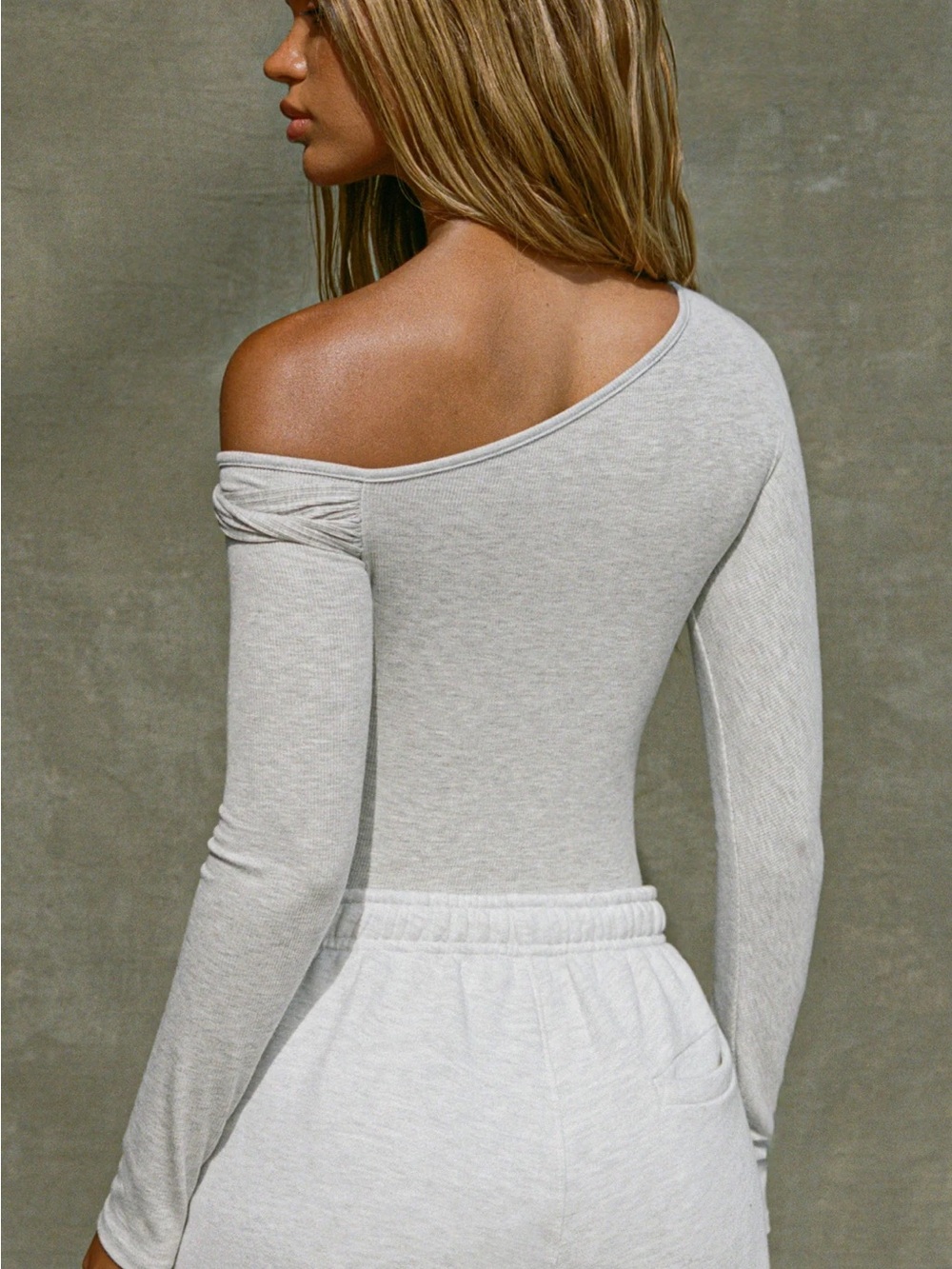 Joah Brown Off Shoulder Twist Long Sleeve Pearl Grey Rib Small - Picture 3 of 6